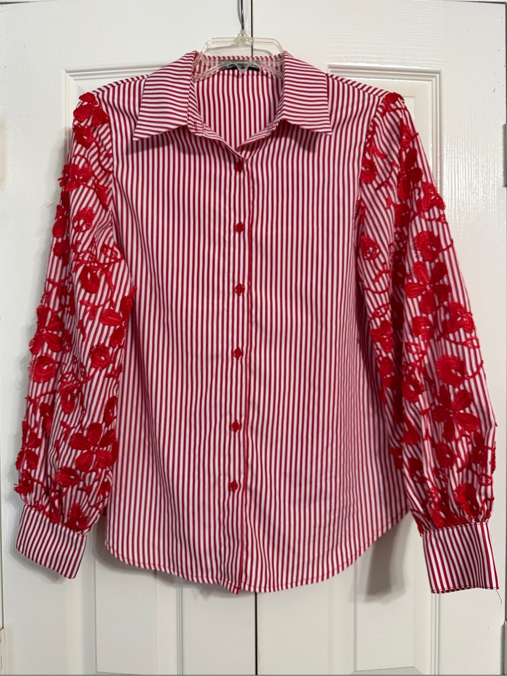 Blouse Size Small Red Stripe with Embroidered Sleeves